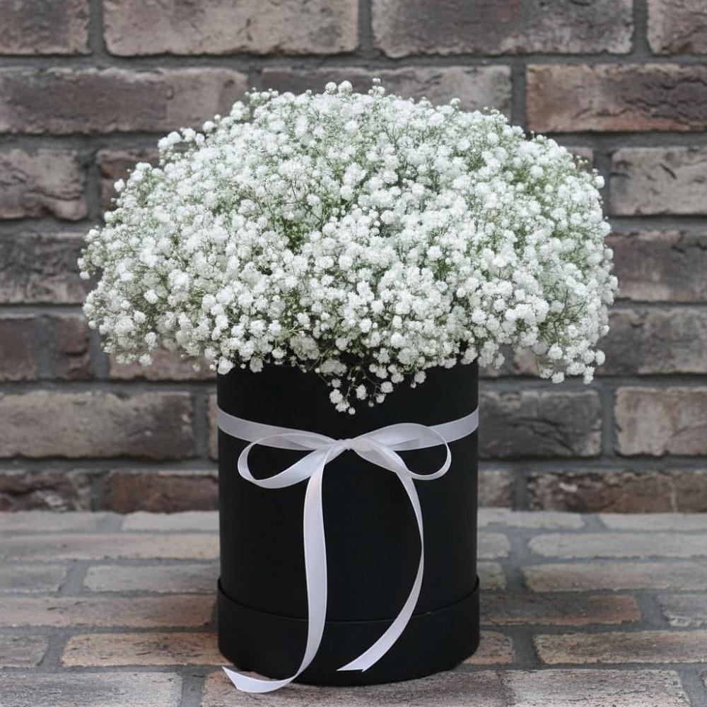 Цветочная композиция из Гипсофила в шляпной коробке в Поселок пансионат Клязьминское водохранилище