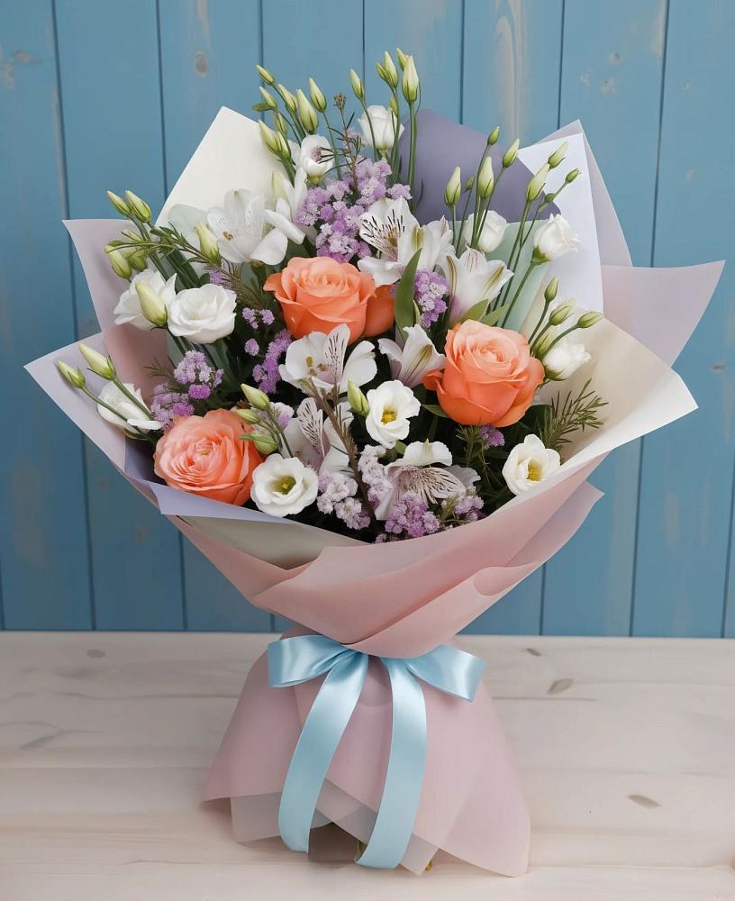 Букет цветов из: Лизиантусы, Розы, Альстромерии и Гипсофила в Поселок пансионат Клязьминское водохранилище