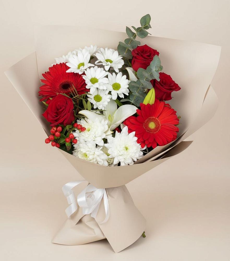 Букет цветов из: Розы, Хризантемы, Герберы и Лилии в Поселок пансионат Клязьминское водохранилище