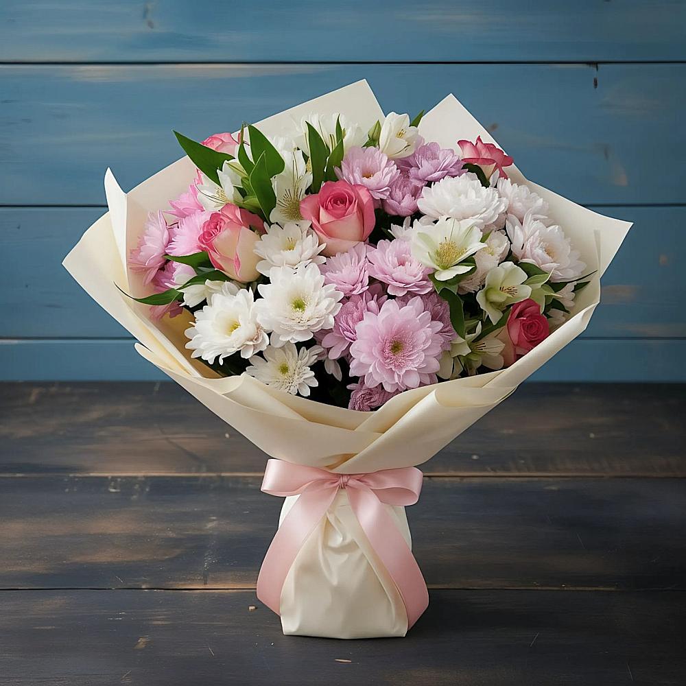 Букет цветов из: Хризантемы, Альстромерии и Розы в Поселок пансионат Клязьминское водохранилище